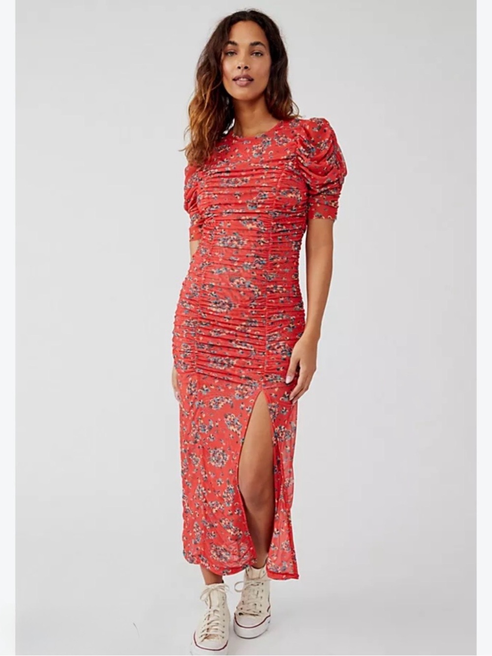 Free people Briella Ruched Floral Midi Dress with Side Slit - Red